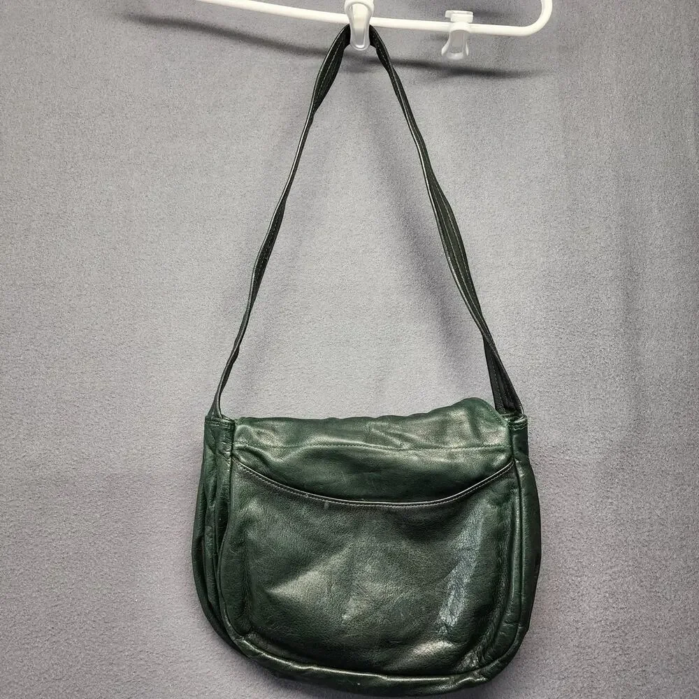 Leather Shoulder Bag Womens Dark Green Flap Pocket Zip Compartments Medium Purse